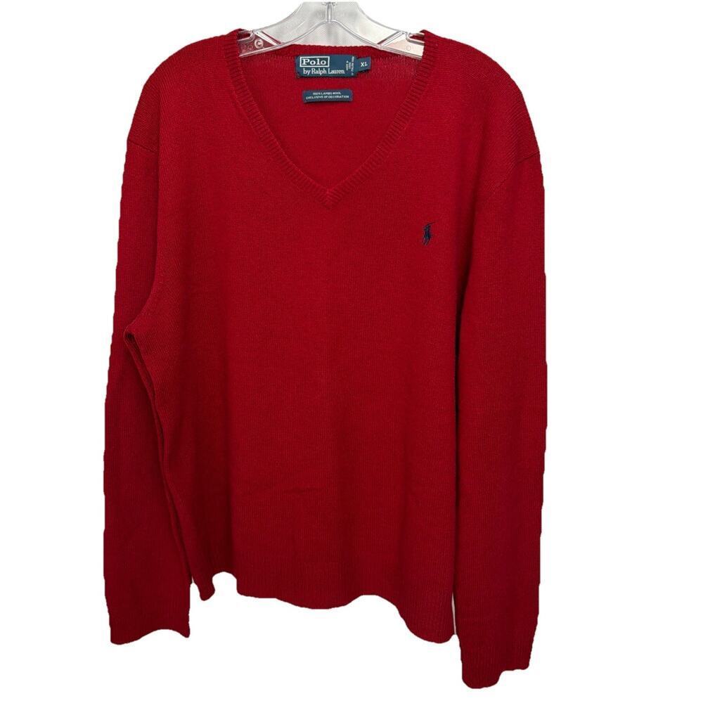 Polo Ralph Lauren Mens sz X-Large Red 100% Lambs Wool V-Neck Sweater